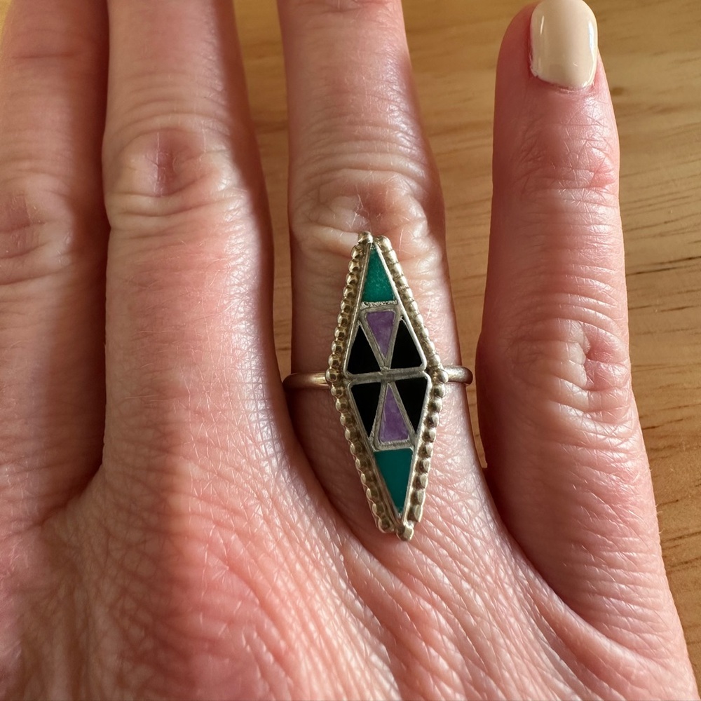 Geometric Silver Ring with Purple and Green inlay accents - Picture 13 of 14